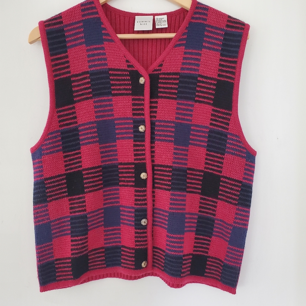 SUMMIT HILL Knit Wool Blend Red Sweater Vest Gold Knot Buttons Preppy CabinCore